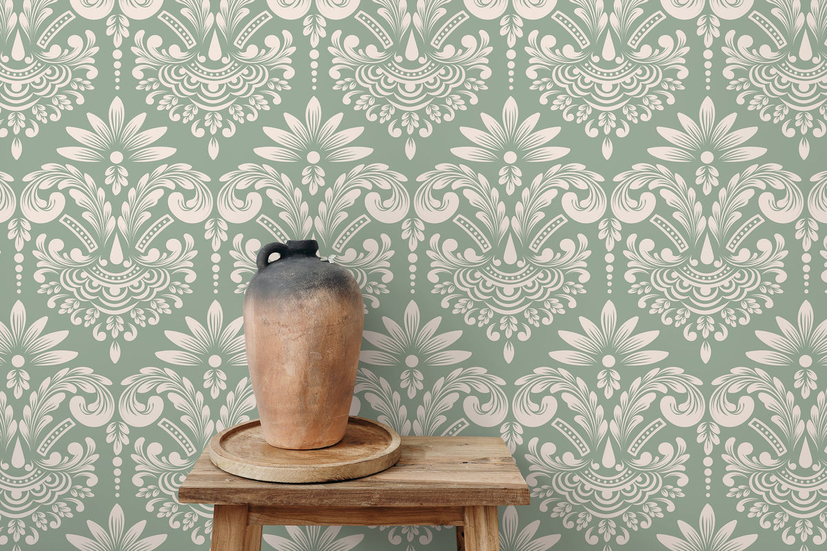 Mint Vintage Damask Wallpaper / Peel and Stick Wallpaper Removable Wallpaper Home Decor Wall Art Wall Decor Room Decor - D251
