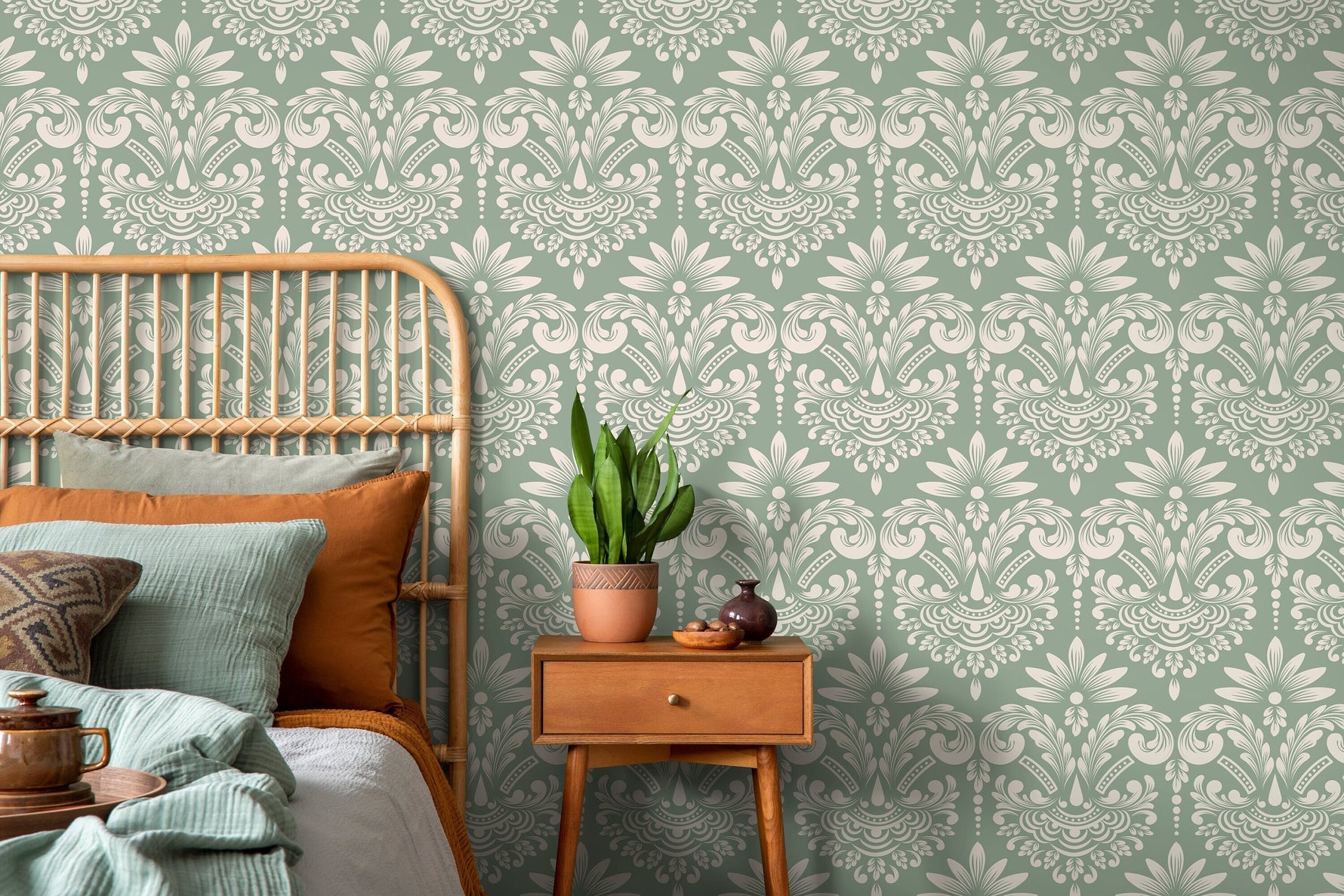 Mint Vintage Damask Wallpaper / Peel and Stick Wallpaper Removable Wallpaper Home Decor Wall Art Wall Decor Room Decor - D251