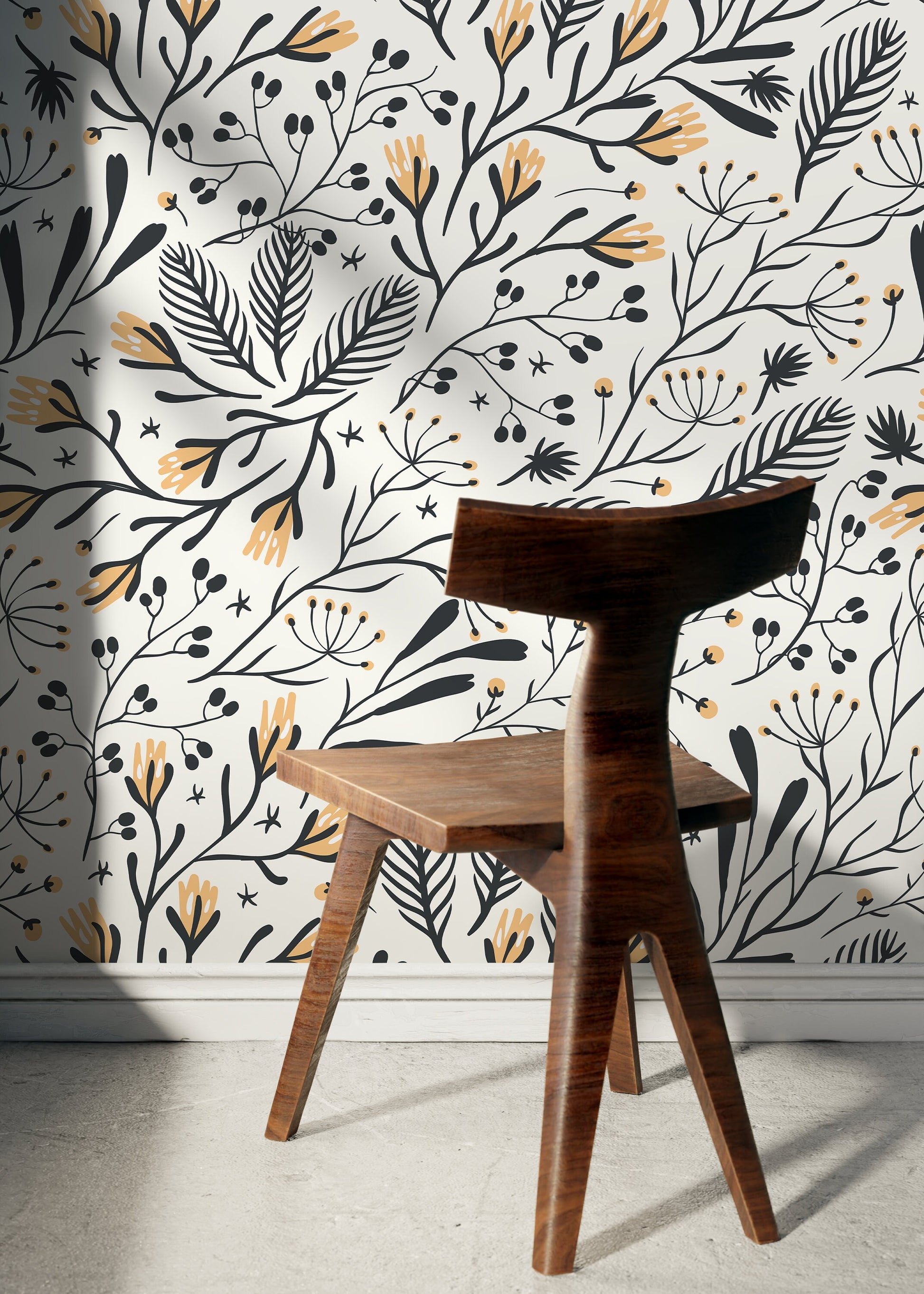 Black and Yellow Floral Wallpaper / Peel and Stick Wallpaper Removable Wallpaper Home Decor Wall Art Wall Decor Room Decor - D280