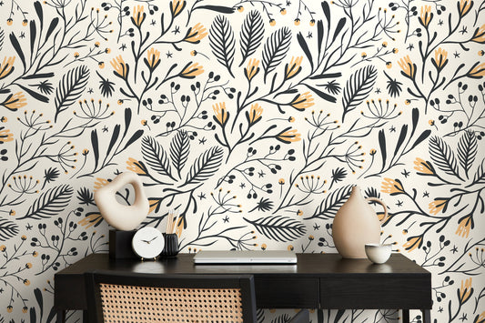 Black and Yellow Floral Wallpaper / Peel and Stick Wallpaper Removable Wallpaper Home Decor Wall Art Wall Decor Room Decor - D280