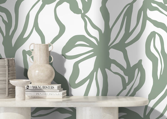 Green Abstract Floral Wallpaper / Peel and Stick Wallpaper Removable Wallpaper Home Decor Wall Art Wall Decor Room Decor - D288