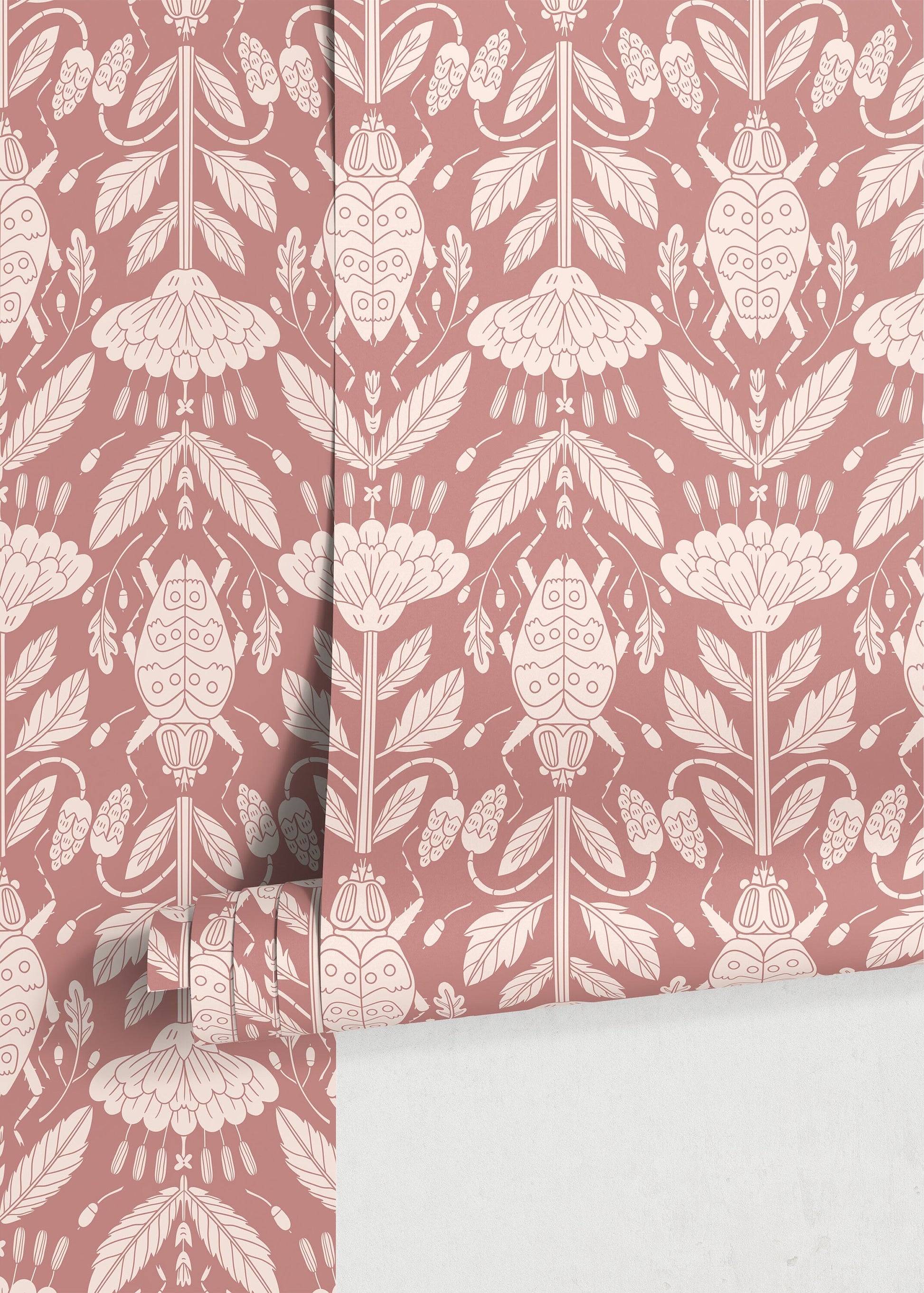 Pink Floral and Beetle Wallpaper / Peel and Stick Wallpaper Removable Wallpaper Home Decor Wall Art Wall Decor Room Decor - D296