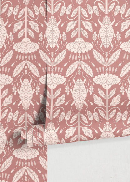 Pink Floral and Beetle Wallpaper / Peel and Stick Wallpaper Removable Wallpaper Home Decor Wall Art Wall Decor Room Decor - D296