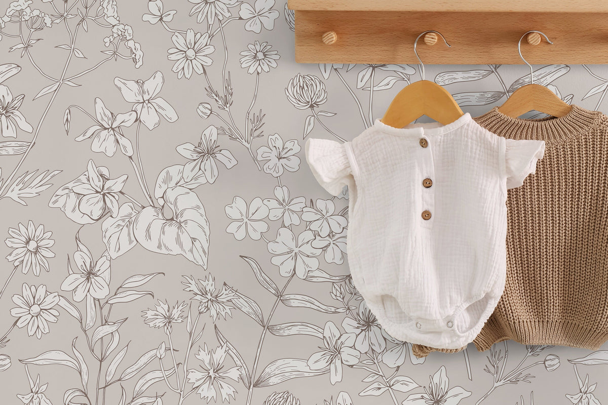 Beige Wildflowers Wallpaper / Peel and Stick Wallpaper Removable Wallpaper Home Decor Wall Art Wall Decor Room Decor - D308