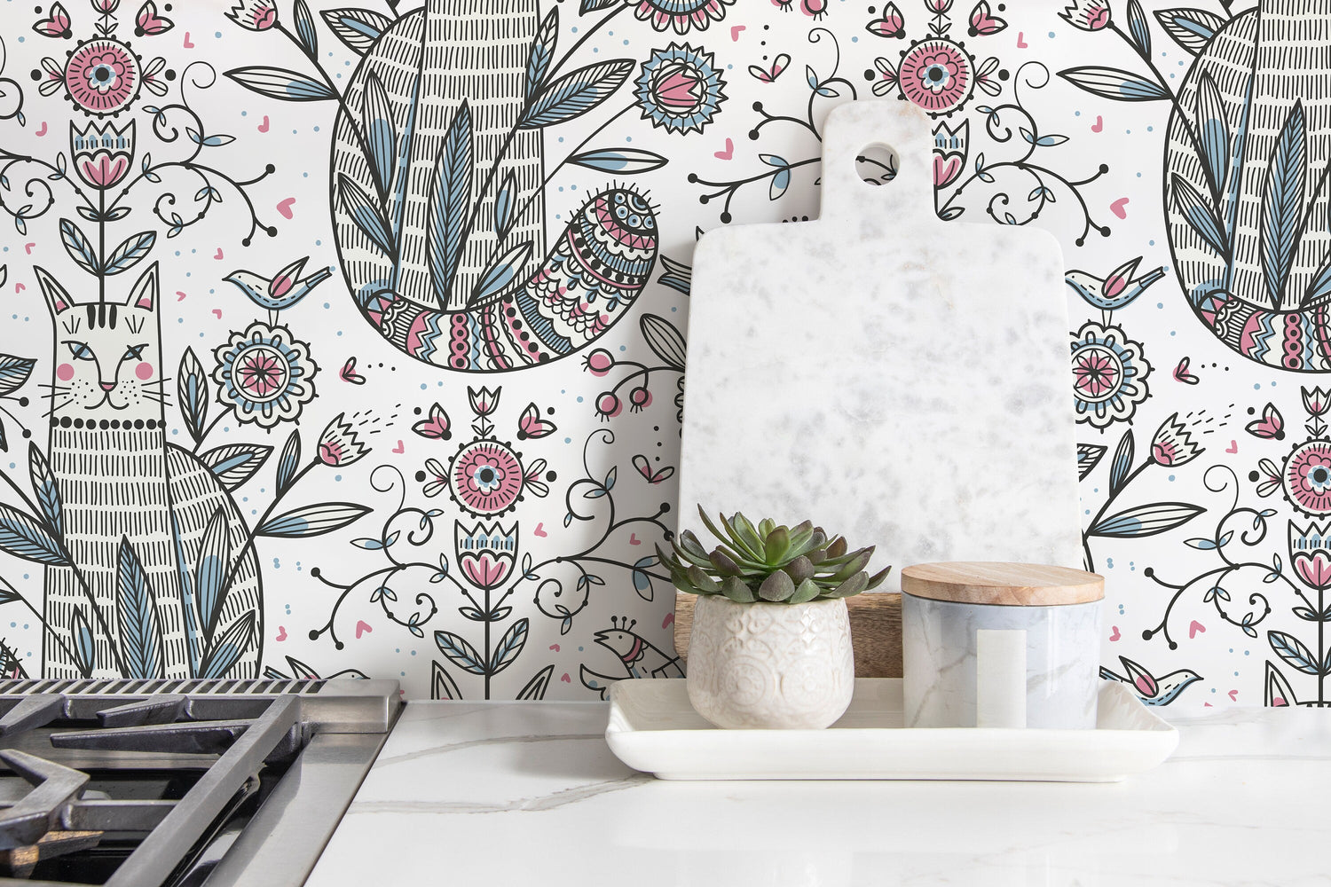 Floral and Cat Wallpaper / Peel and Stick Wallpaper Removable Wallpaper Home Decor Wall Art Wall Decor Room Decor - D295