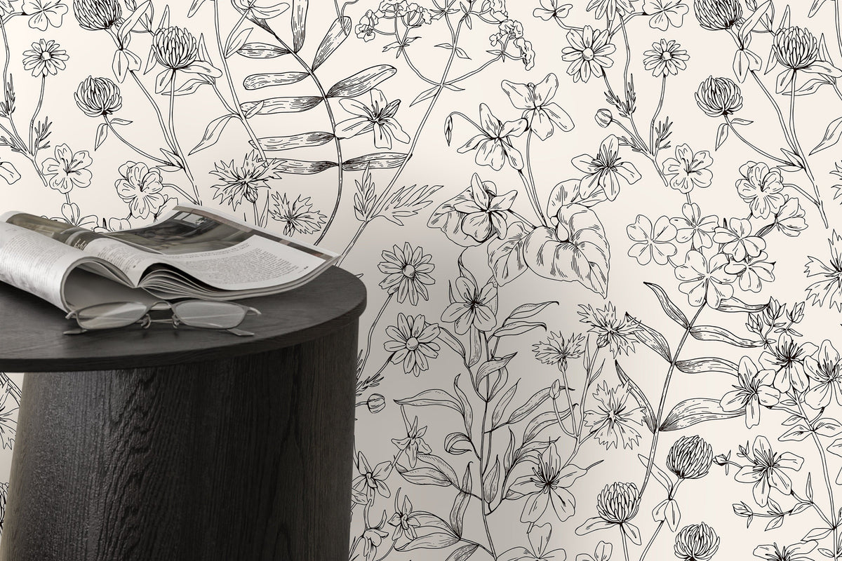 Black and White Wildflowers Wallpaper / Peel and Stick Wallpaper Removable Wallpaper Home Decor Wall Art Wall Decor Room Decor - D306