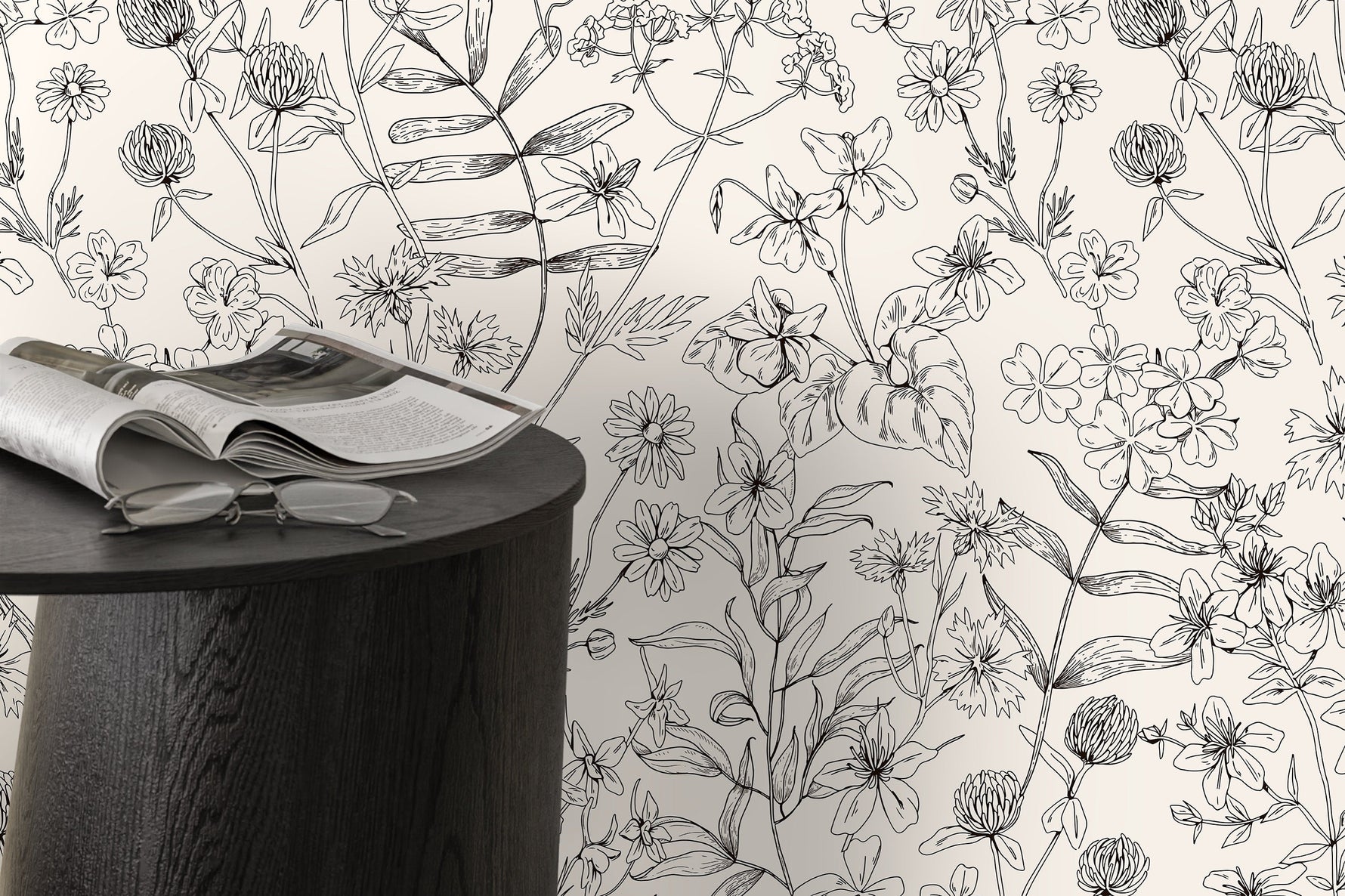 Black and White Wildflowers Wallpaper / Peel and Stick Wallpaper Removable Wallpaper Home Decor Wall Art Wall Decor Room Decor - D306