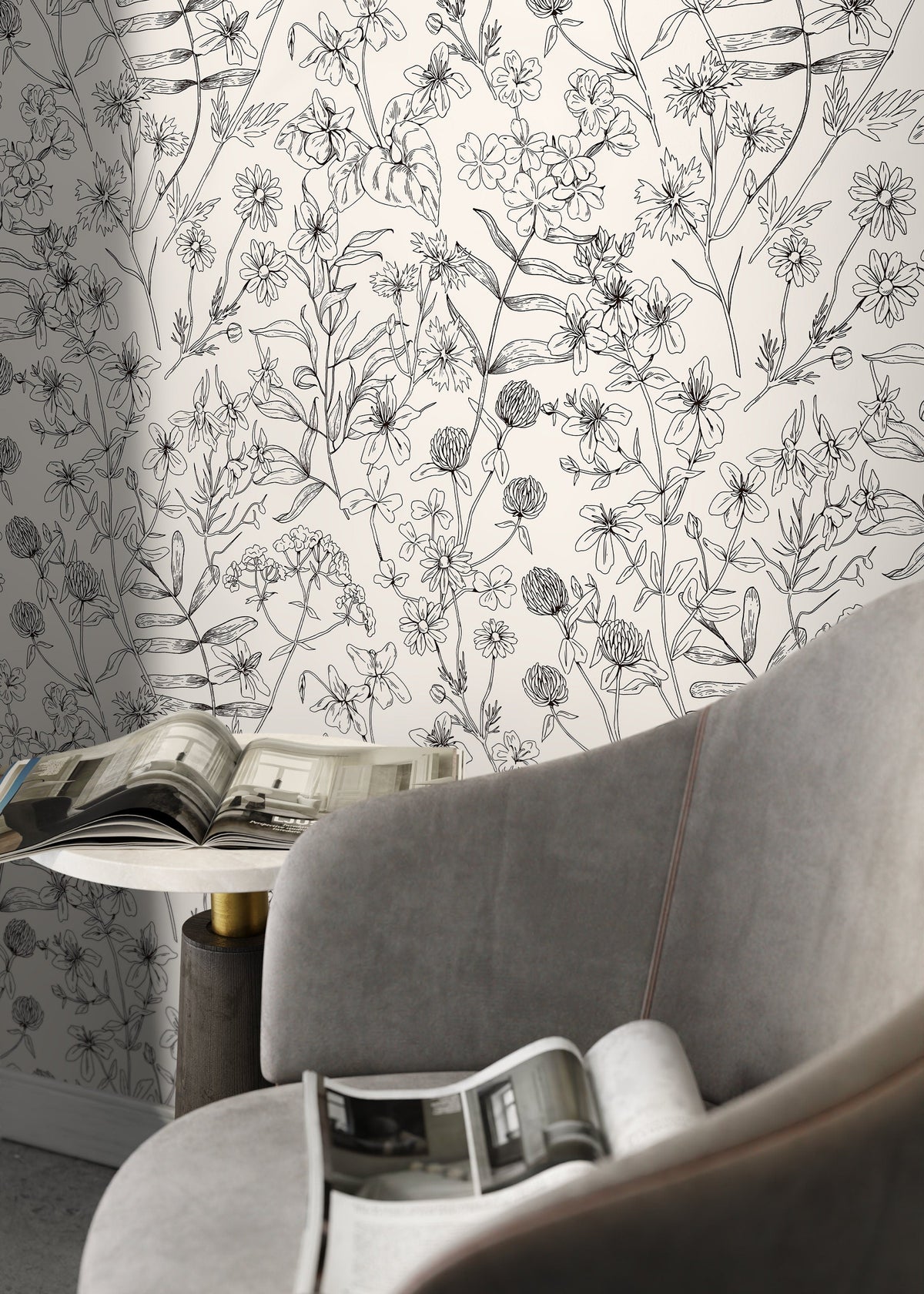 Black and White Wildflowers Wallpaper / Peel and Stick Wallpaper Removable Wallpaper Home Decor Wall Art Wall Decor Room Decor - D306