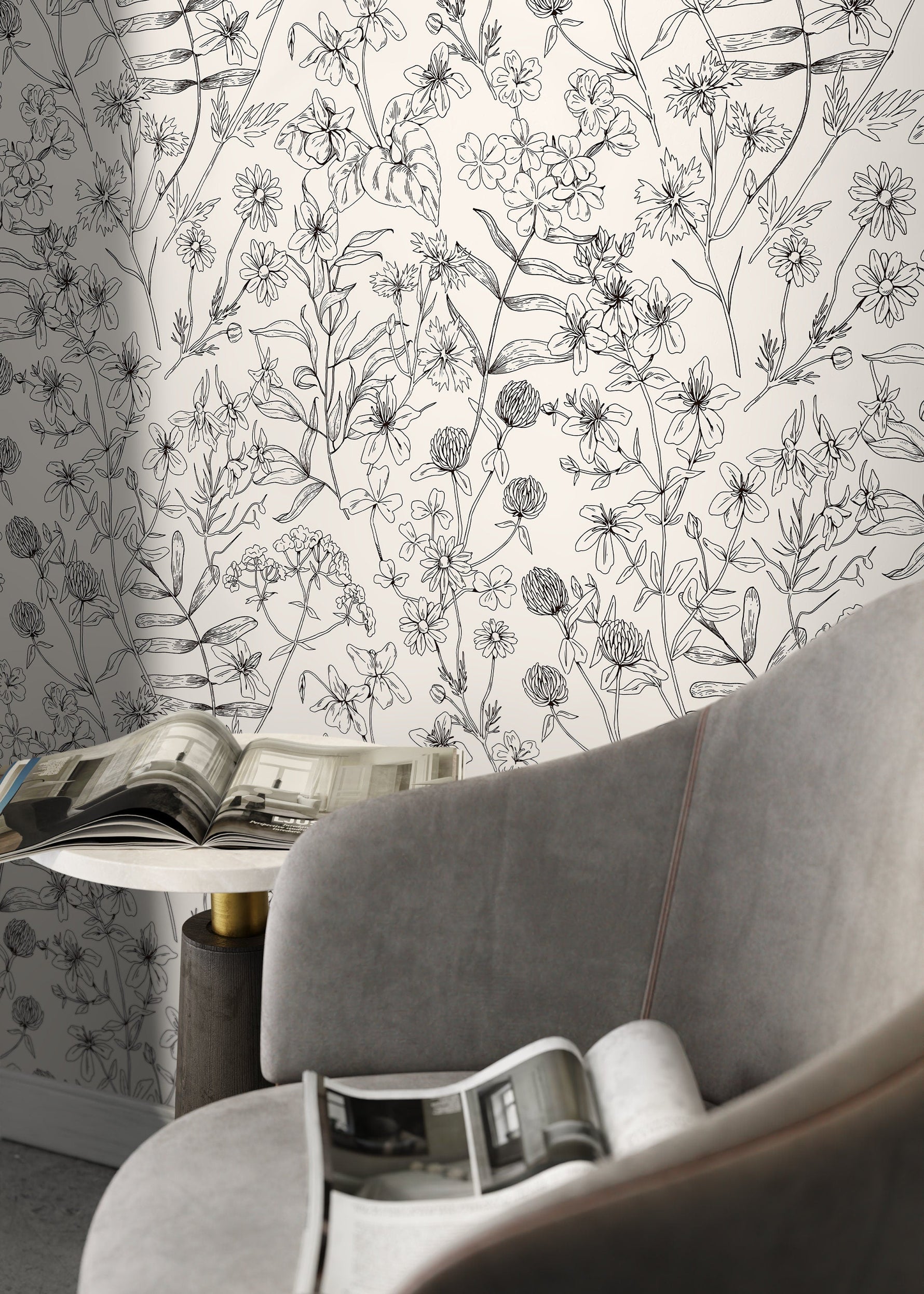 Black and White Wildflowers Wallpaper / Peel and Stick Wallpaper Removable Wallpaper Home Decor Wall Art Wall Decor Room Decor - D306
