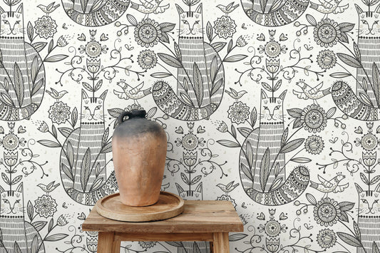 Gray Floral and Cat Wallpaper / Peel and Stick Wallpaper Removable Wallpaper Home Decor Wall Art Wall Decor Room Decor - D294
