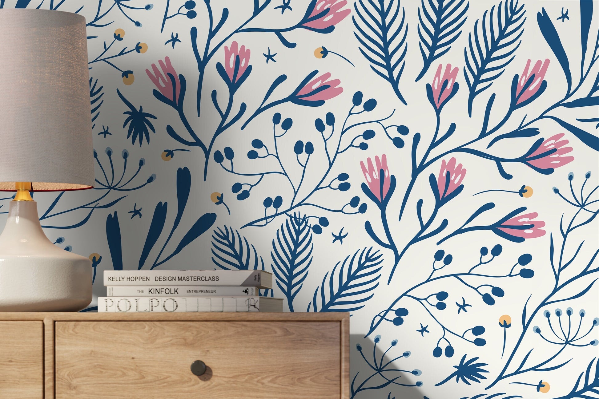 Blue Floral Scandinavian Wallpaper / Peel and Stick Wallpaper Removable Wallpaper Home Decor Wall Art Wall Decor Room Decor - D279