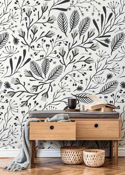 Black and White Floral Wallpaper / Peel and Stick Wallpaper Removable Wallpaper Home Decor Wall Art Wall Decor Room Decor - D281