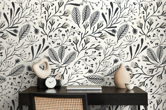 Black and White Floral Wallpaper / Peel and Stick Wallpaper Removable Wallpaper Home Decor Wall Art Wall Decor Room Decor - D281