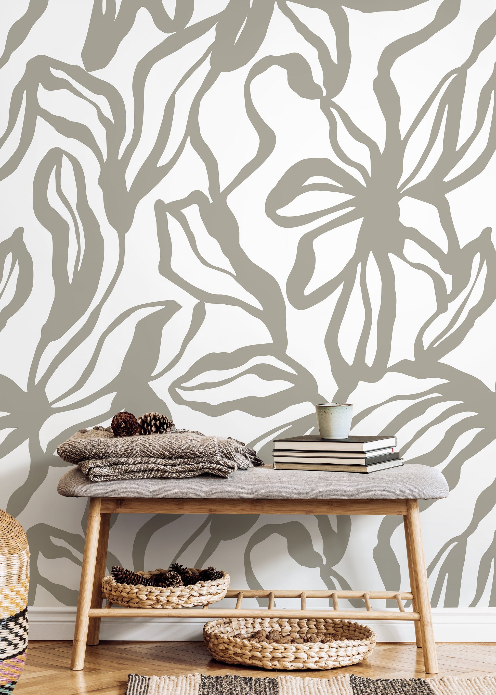 Gray Abstract Floral Wallpaper / Peel and Stick Wallpaper Removable Wallpaper Home Decor Wall Art Wall Decor Room Decor - D287