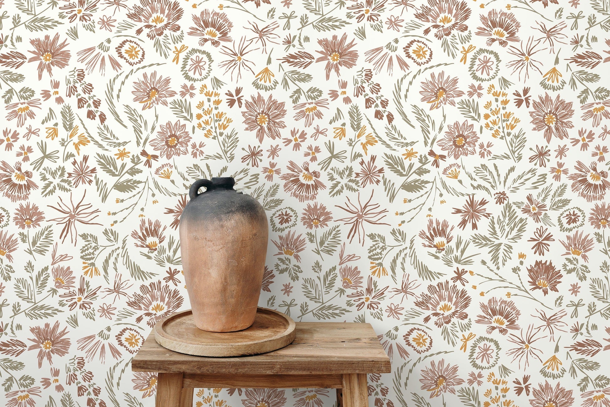 Floral Hand-Drawing Wallpaper / Peel and Stick Wallpaper Removable Wallpaper Home Decor Wall Art Wall Decor Room Decor - D320