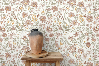 Floral Hand-Drawing Wallpaper / Peel and Stick Wallpaper Removable Wallpaper Home Decor Wall Art Wall Decor Room Decor - D320