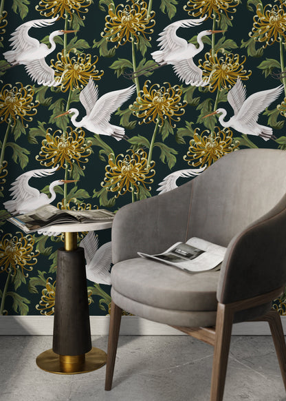Dark Chinoiserie Floral and Crane Birds / Peel and Stick Wallpaper Removable Wallpaper Home Decor Wall Art Wall Decor Room Decor - D262