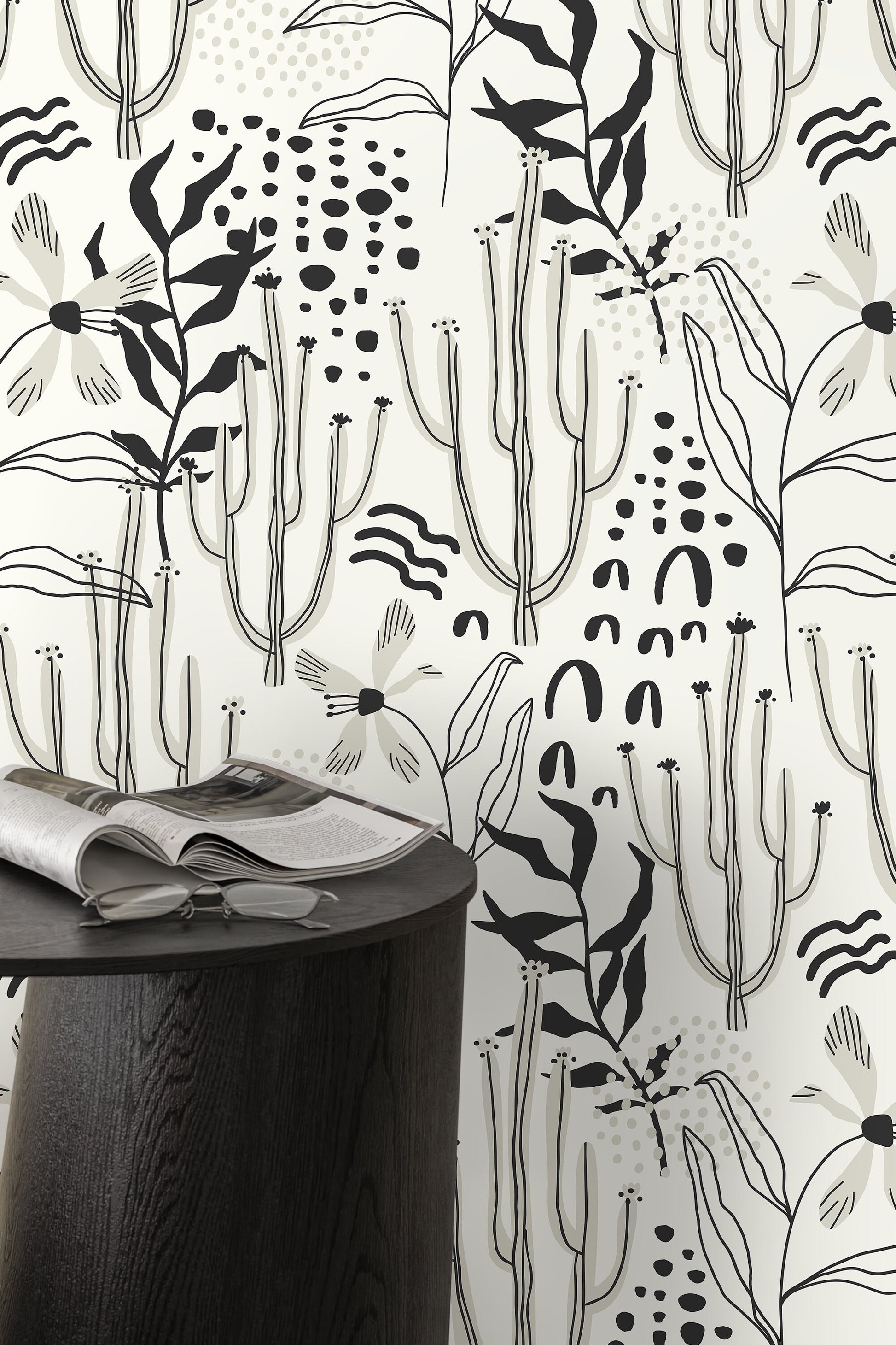 Black and Gray Floral Wallpaper / Peel and Stick Wallpaper Removable Wallpaper Home Decor Wall Art Wall Decor Room Decor - D315