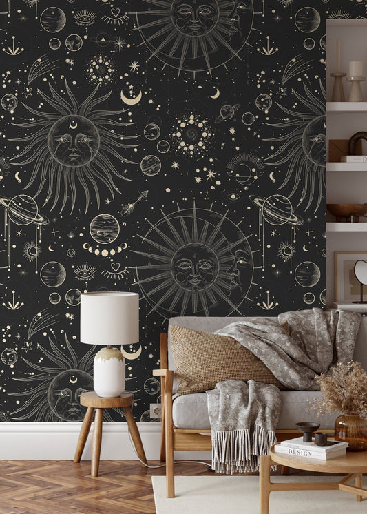 Black Celestial Wallpaper / Peel and Stick Wallpaper Removable Wallpaper Home Decor Wall Art Wall Decor Room Decor - D342