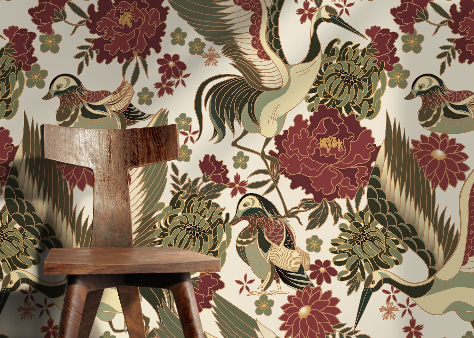 Chinoiserie Crane Birds and Floral Wallpaper / Peel and Stick Wallpaper Removable Wallpaper Home Decor Wall Art Wall Decor Room Decor - D247