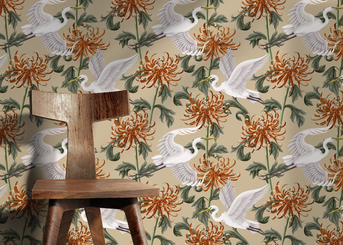 Chinoiserie Floral and Crane Birds / Peel and Stick Wallpaper Removable Wallpaper Home Decor Wall Art Wall Decor Room Decor - D263