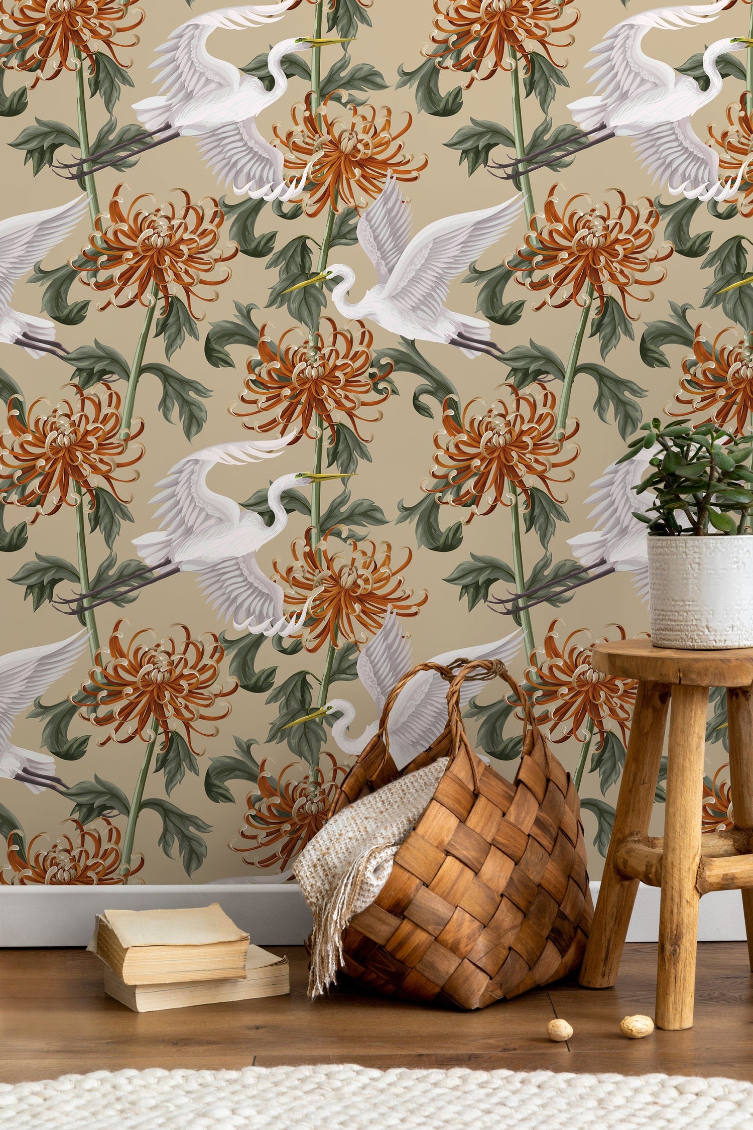 Chinoiserie Floral and Crane Birds / Peel and Stick Wallpaper Removable Wallpaper Home Decor Wall Art Wall Decor Room Decor - D263