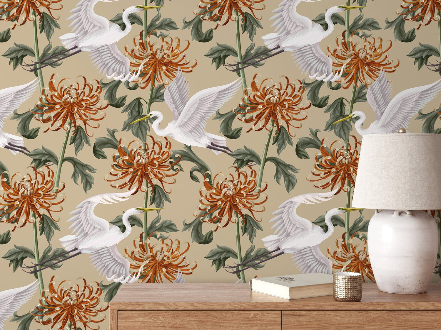 Chinoiserie Floral and Crane Birds / Peel and Stick Wallpaper Removable Wallpaper Home Decor Wall Art Wall Decor Room Decor - D263