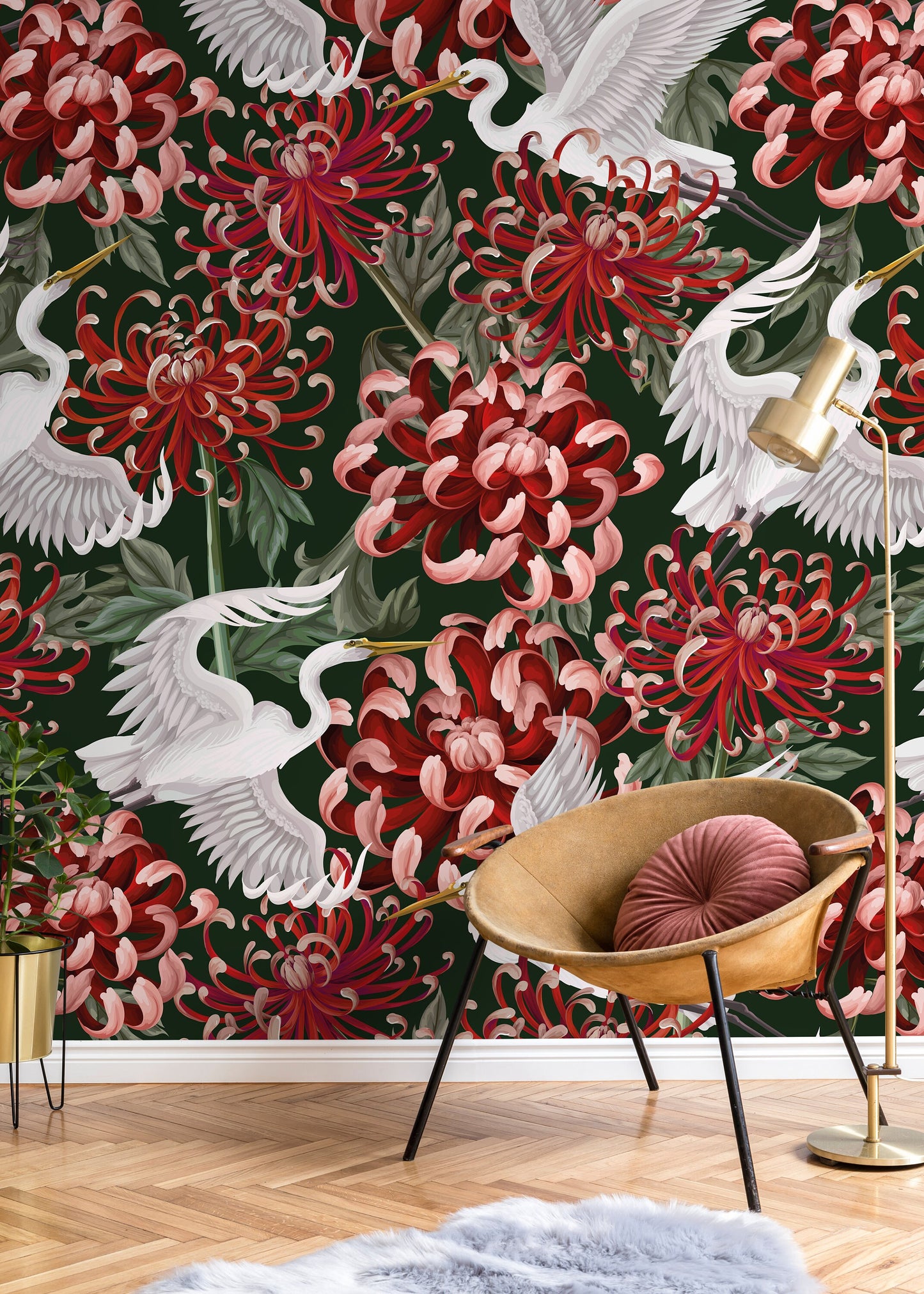 Chinoiserie Red Flower and Crane Birds / Peel and Stick Wallpaper Removable Wallpaper Home Decor Wall Art Wall Decor Room Decor - D264