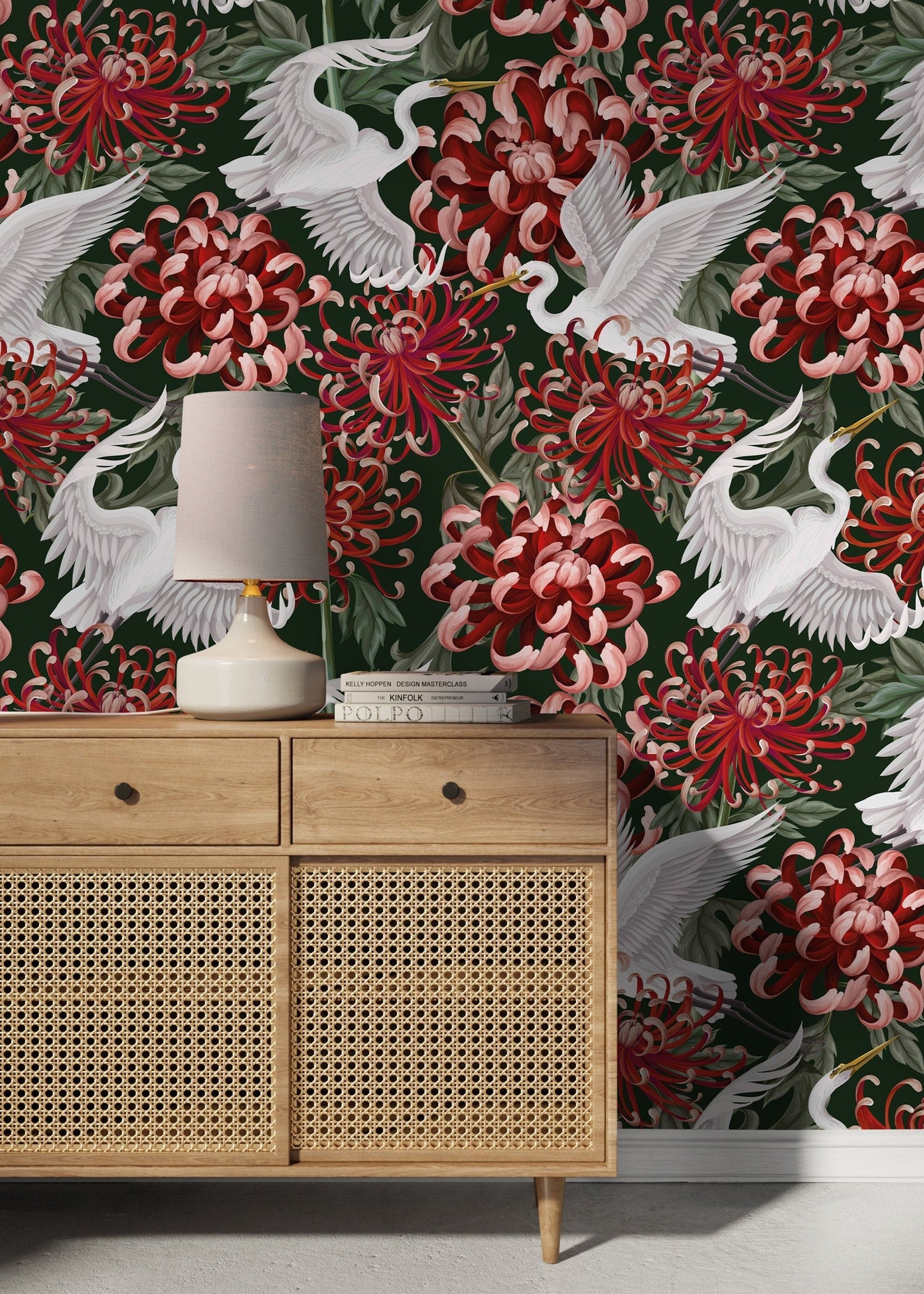 Chinoiserie Red Flower and Crane Birds / Peel and Stick Wallpaper Removable Wallpaper Home Decor Wall Art Wall Decor Room Decor - D264