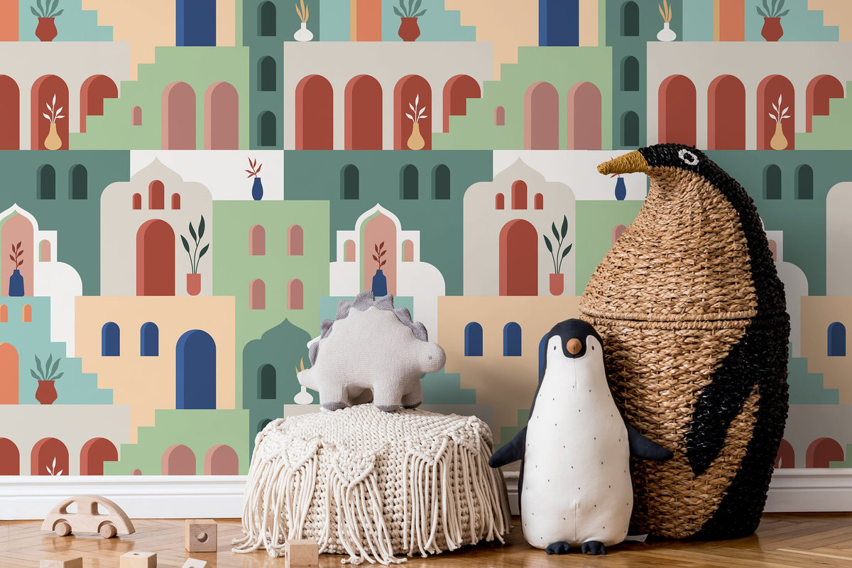 Aesthetic Marrocan Houses Wallpaper / Peel and Stick Wallpaper Removable Wallpaper Home Decor Wall Art Wall Decor Room Decor - D204
