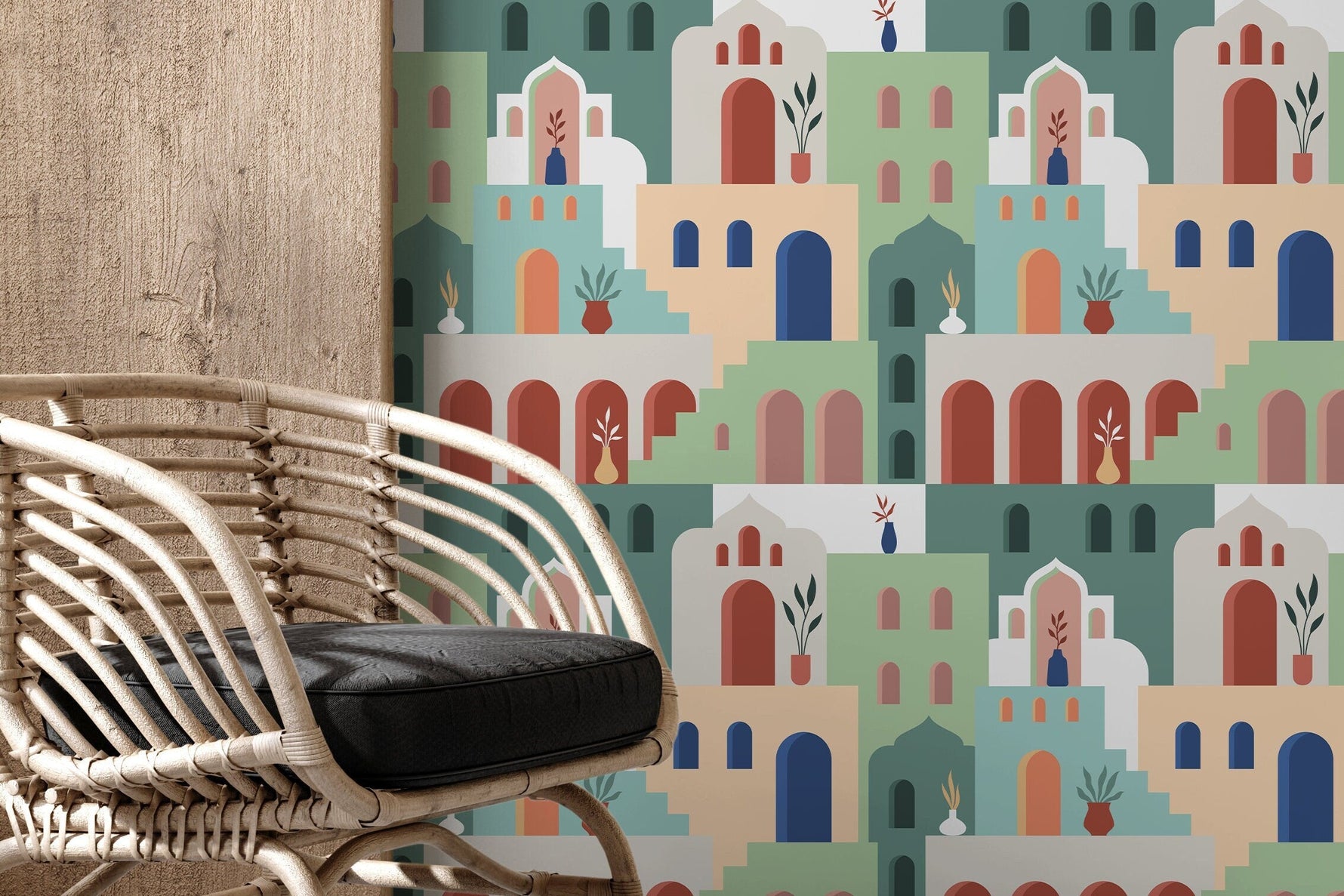 Aesthetic Marrocan Houses Wallpaper / Peel and Stick Wallpaper Removable Wallpaper Home Decor Wall Art Wall Decor Room Decor - D204