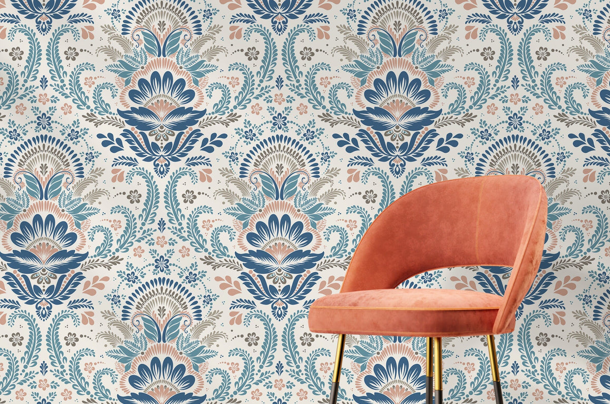 Blue and Pink Damask Wallpaper / Peel and Stick Wallpaper Removable Wallpaper Home Decor Wall Art Wall Decor Room Decor - D185