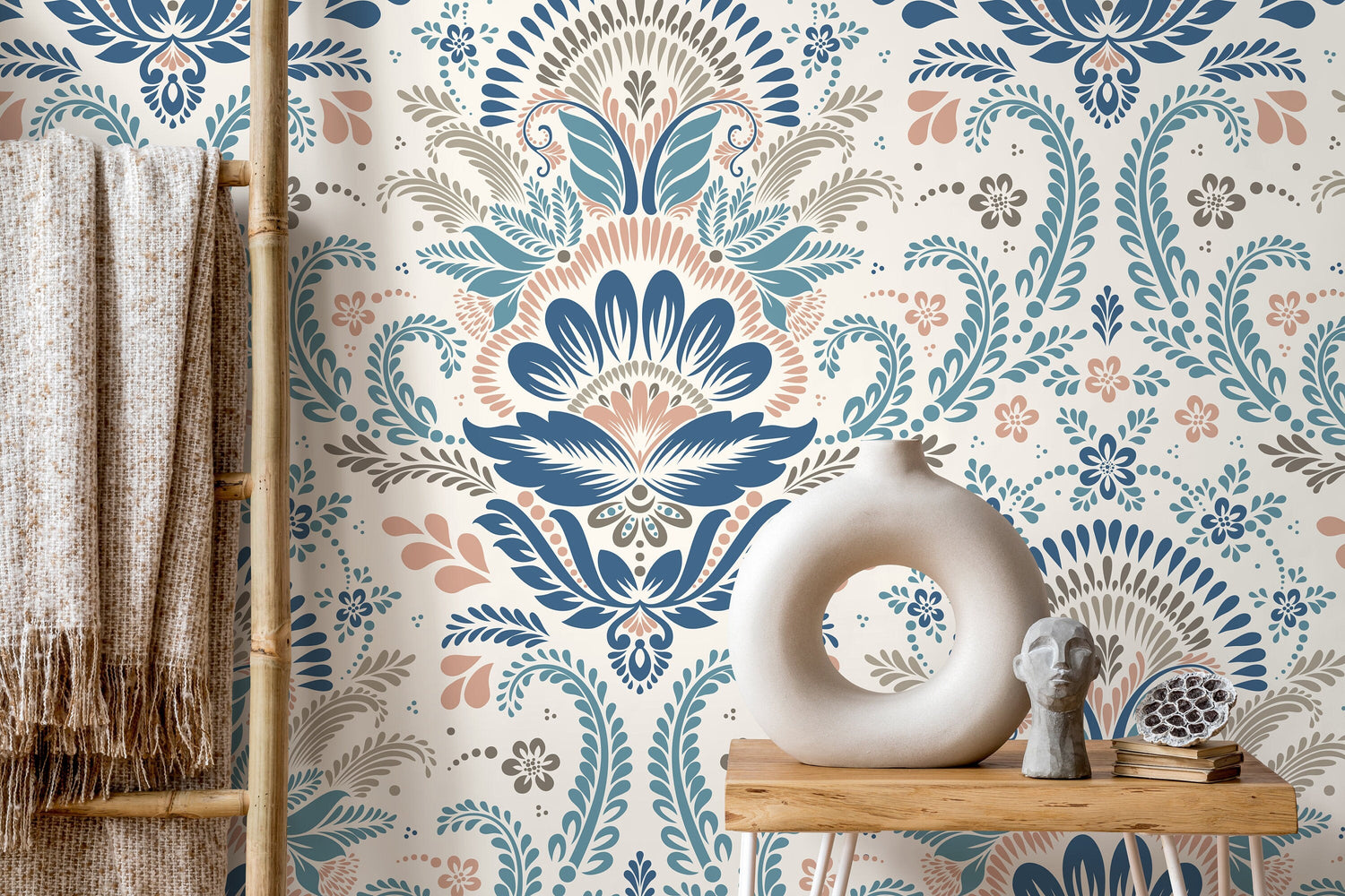 Blue and Pink Damask Wallpaper / Peel and Stick Wallpaper Removable Wallpaper Home Decor Wall Art Wall Decor Room Decor - D185