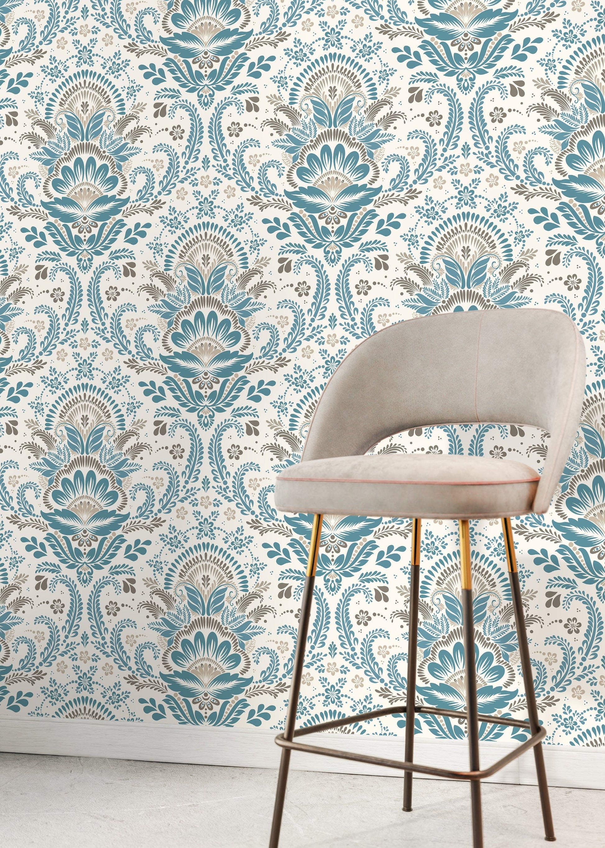 Blue and Beige Damask Wallpaper / Peel and Stick Wallpaper Removable Wallpaper Home Decor Wall Art Wall Decor Room Decor - D186