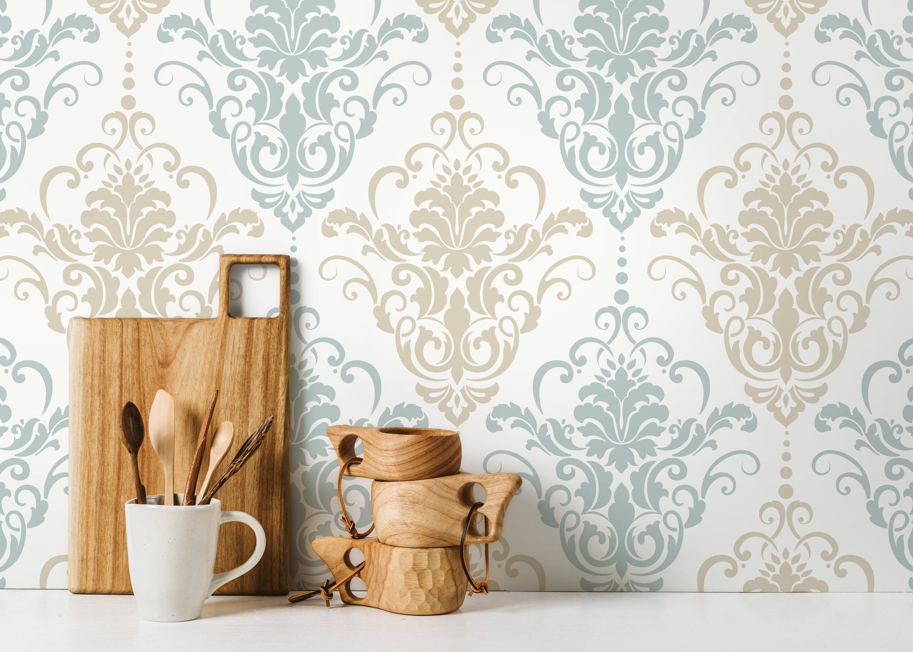 Light Vintage Damask Wallpaper / Peel and Stick Wallpaper Removable Wallpaper Home Decor Wall Art Wall Decor Room Decor - D194