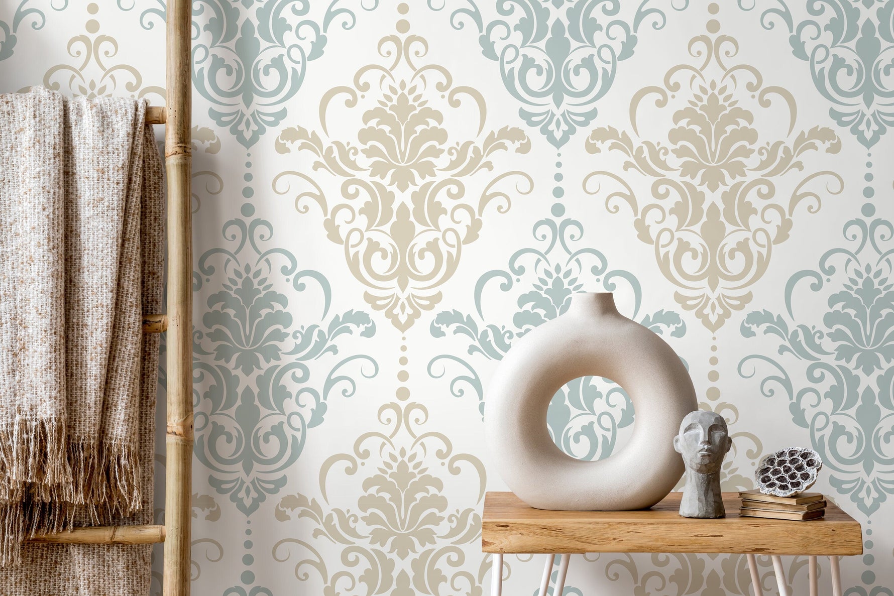 Light Vintage Damask Wallpaper / Peel and Stick Wallpaper Removable Wallpaper Home Decor Wall Art Wall Decor Room Decor - D194