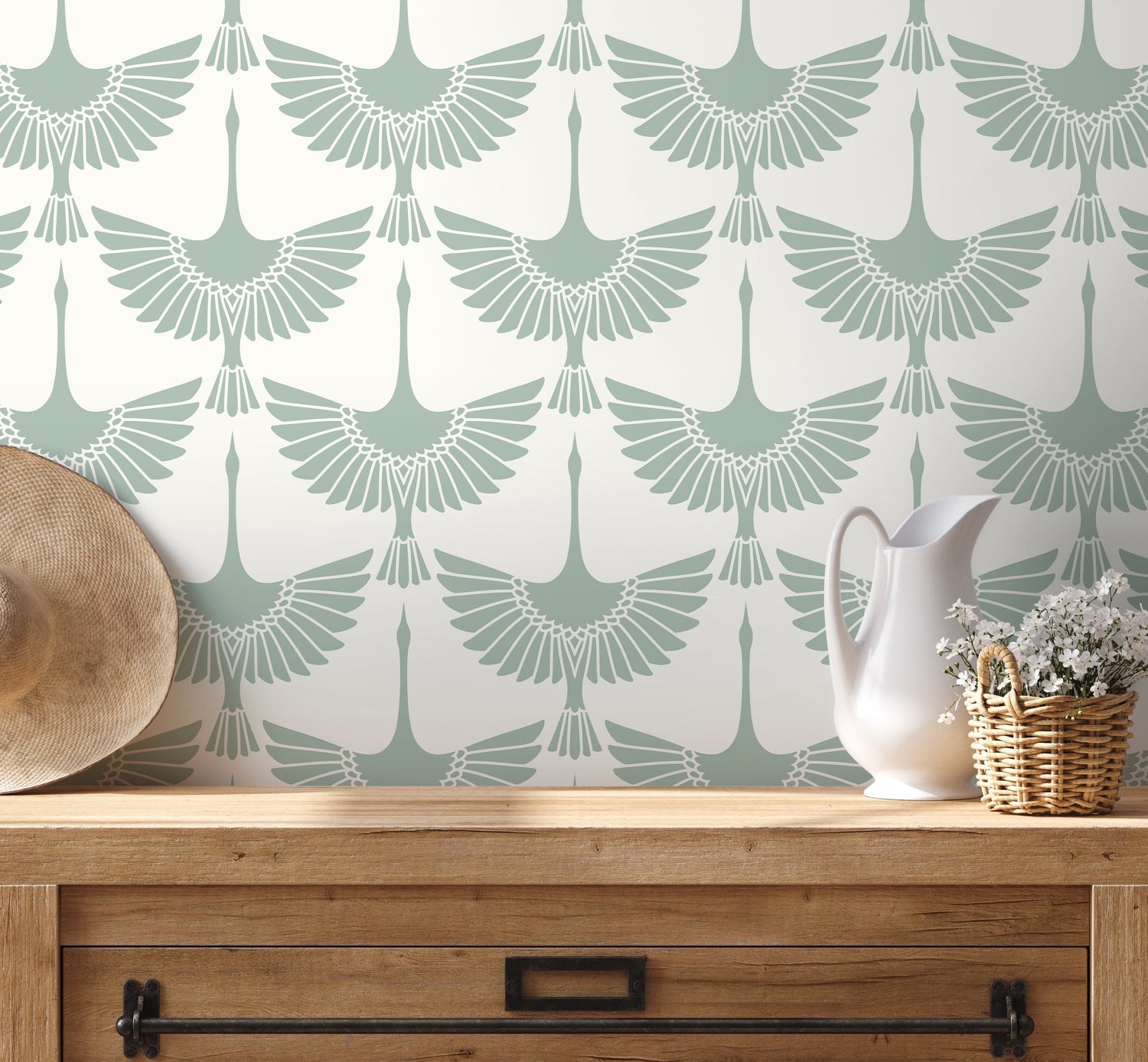 Mint Swan Birds Wallpaper / Peel and Stick Wallpaper Removable Wallpaper Home Decor Wall Art Wall Decor Room Decor - D259