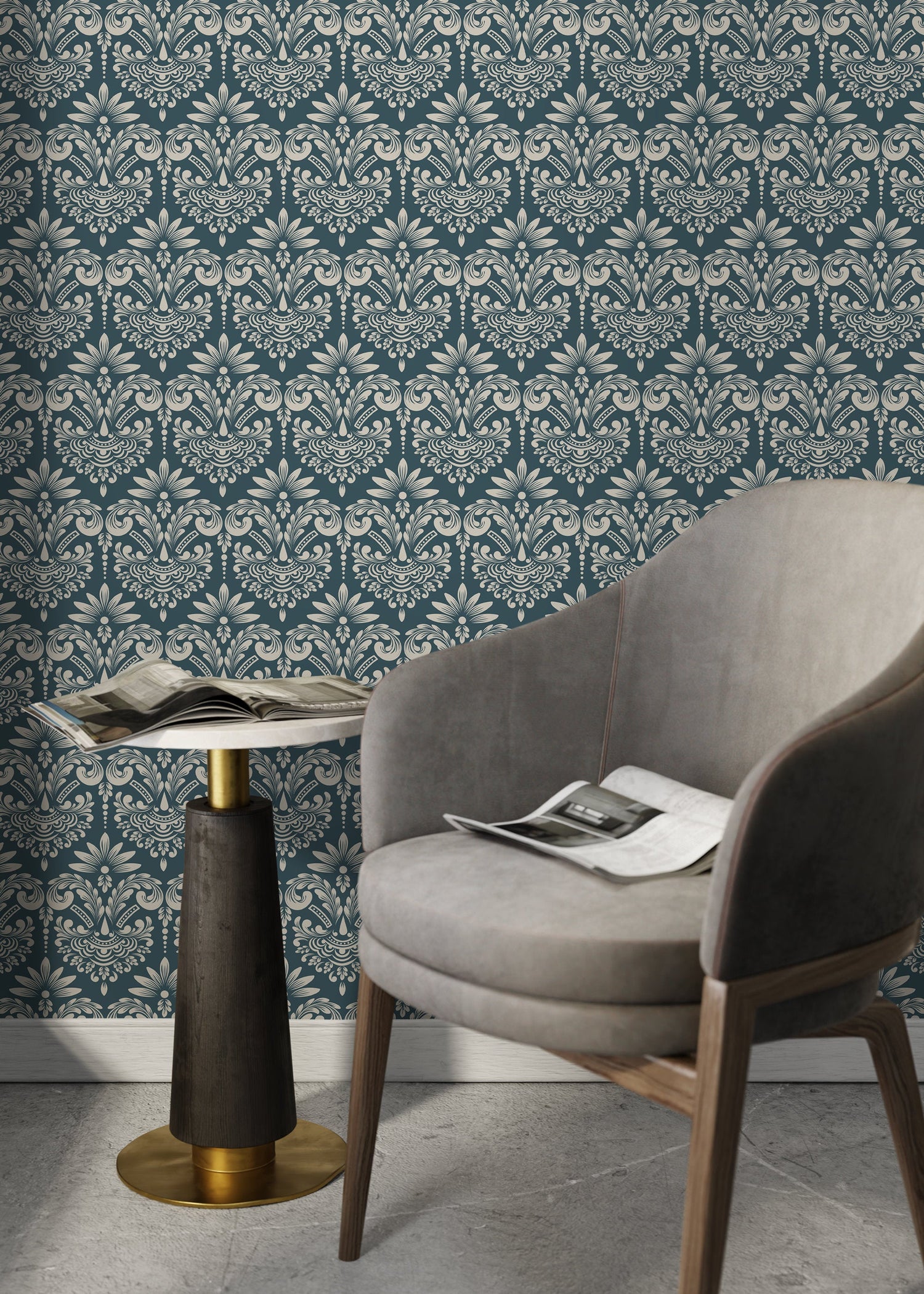 Vintage Damask Wallpaper / Peel and Stick Wallpaper Removable Wallpaper Home Decor Wall Art Wall Decor Room Decor - D252