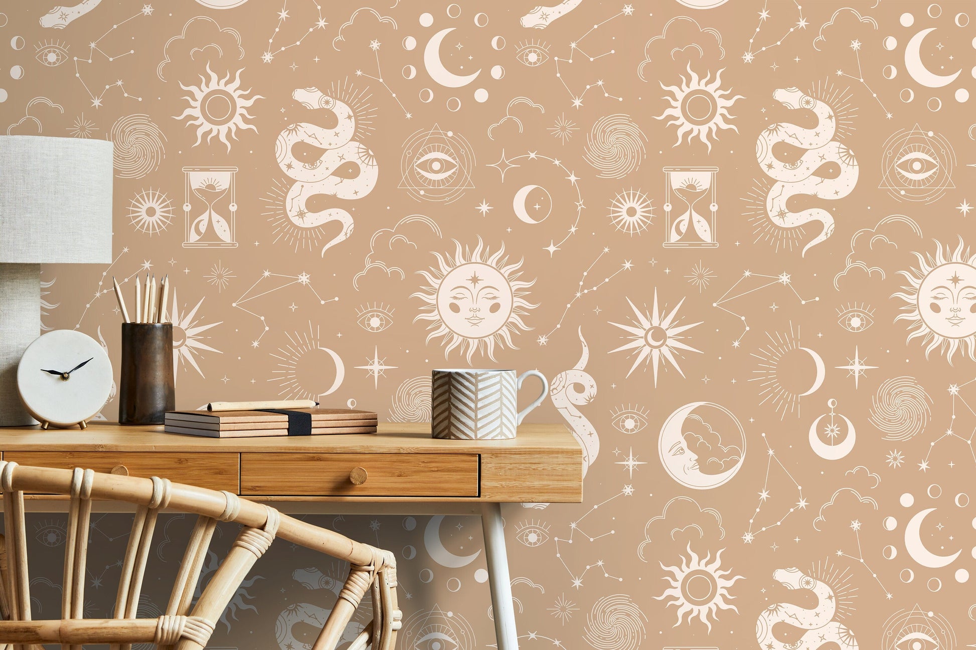 Beige Celestial Wallpaper / Peel and Stick Wallpaper Removable Wallpaper Home Decor Wall Art Wall Decor Room Decor - D346