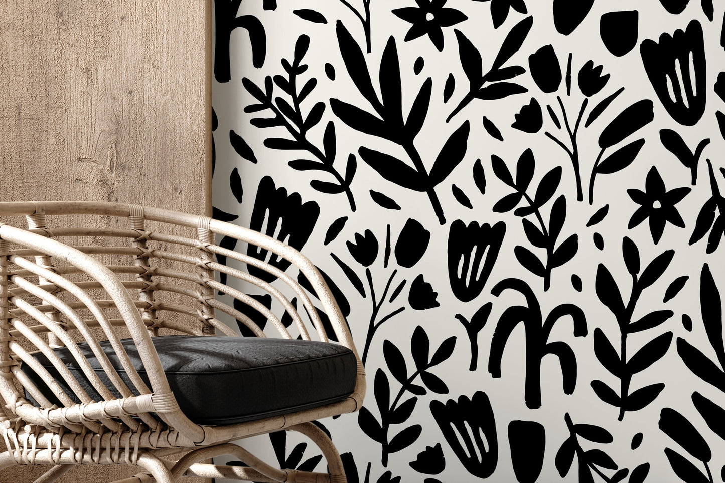 Black and White Floral Wallpaper / Peel and Stick Wallpaper Removable Wallpaper Home Decor Wall Art Wall Decor Room Decor - D370