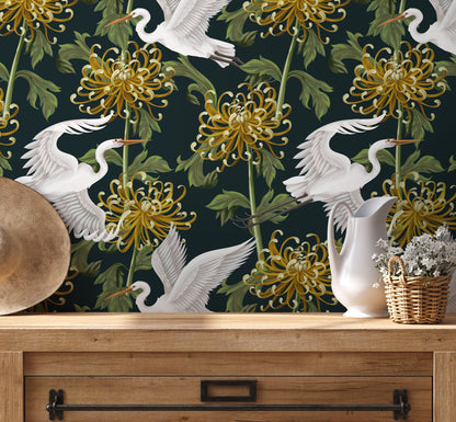 Dark Chinoiserie Floral and Crane Birds / Peel and Stick Wallpaper Removable Wallpaper Home Decor Wall Art Wall Decor Room Decor - D262