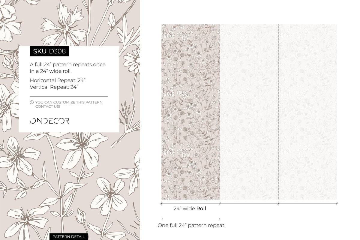 Beige Wildflowers Wallpaper / Peel and Stick Wallpaper Removable Wallpaper Home Decor Wall Art Wall Decor Room Decor - D308