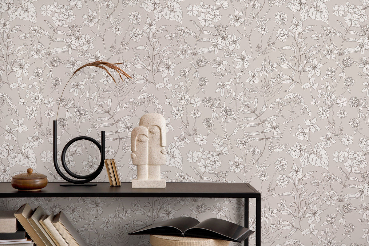 Beige Wildflowers Wallpaper / Peel and Stick Wallpaper Removable Wallpaper Home Decor Wall Art Wall Decor Room Decor - D308