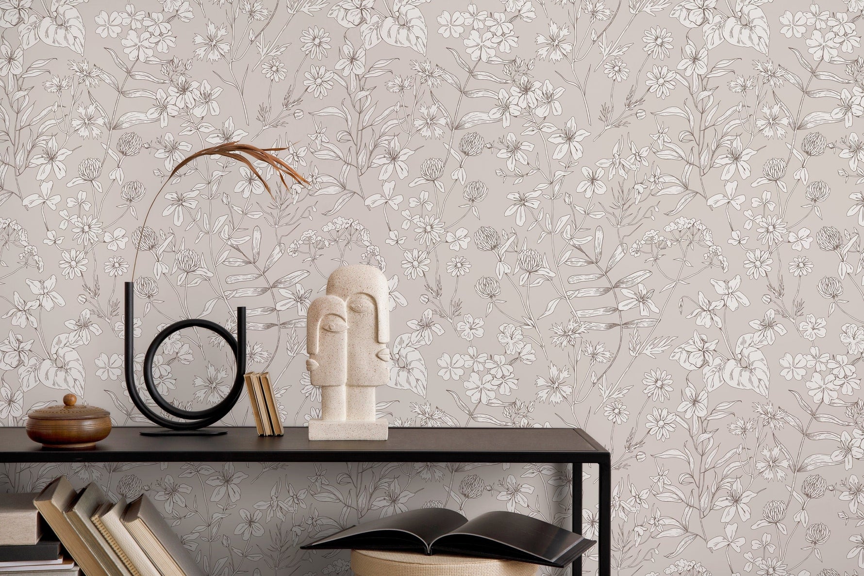 Beige Wildflowers Wallpaper / Peel and Stick Wallpaper Removable Wallpaper Home Decor Wall Art Wall Decor Room Decor - D308