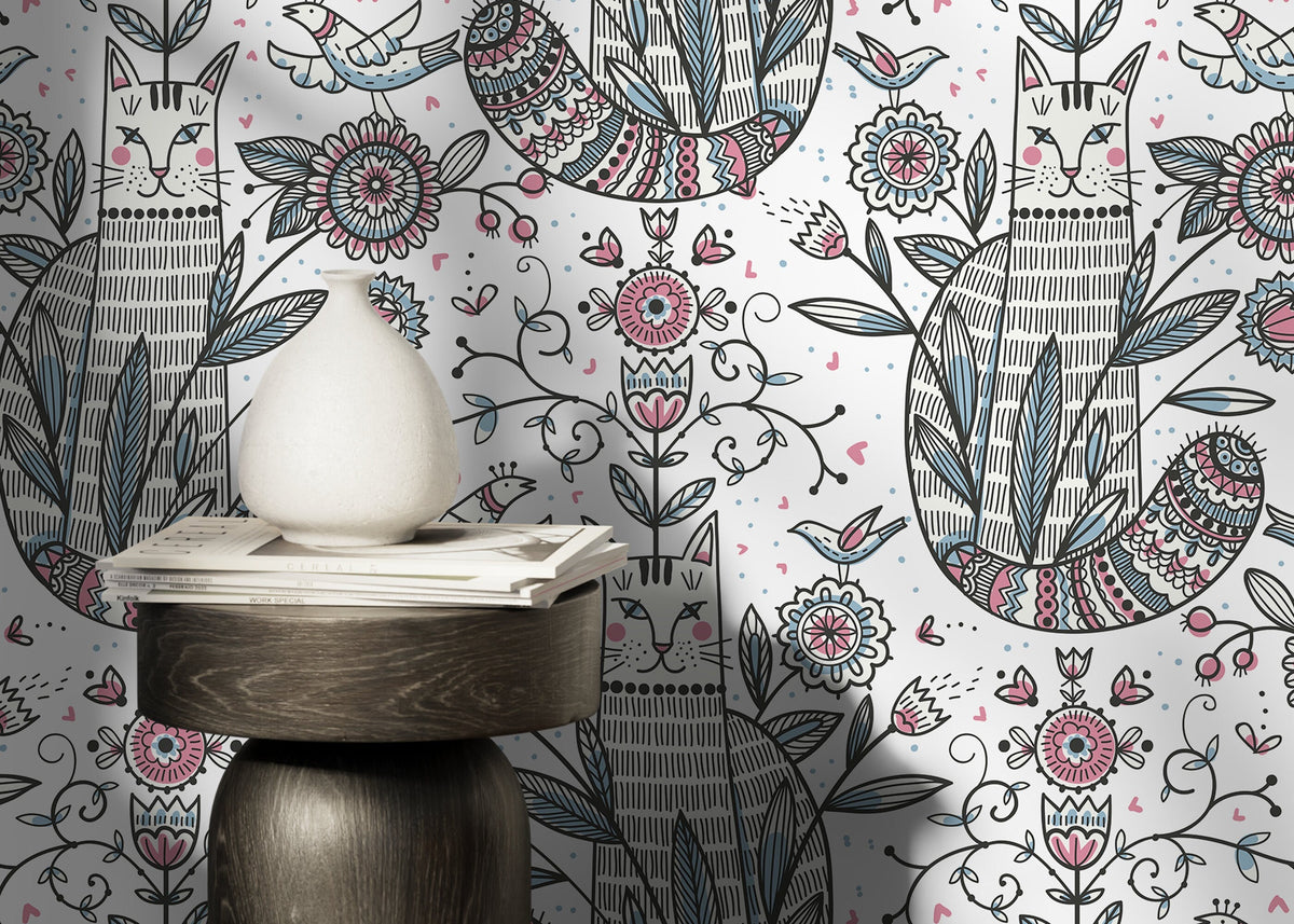 Floral and Cat Wallpaper / Peel and Stick Wallpaper Removable Wallpaper Home Decor Wall Art Wall Decor Room Decor - D295