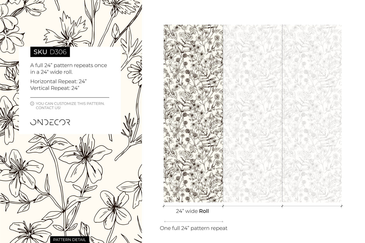 Black and White Wildflowers Wallpaper / Peel and Stick Wallpaper Removable Wallpaper Home Decor Wall Art Wall Decor Room Decor - D306
