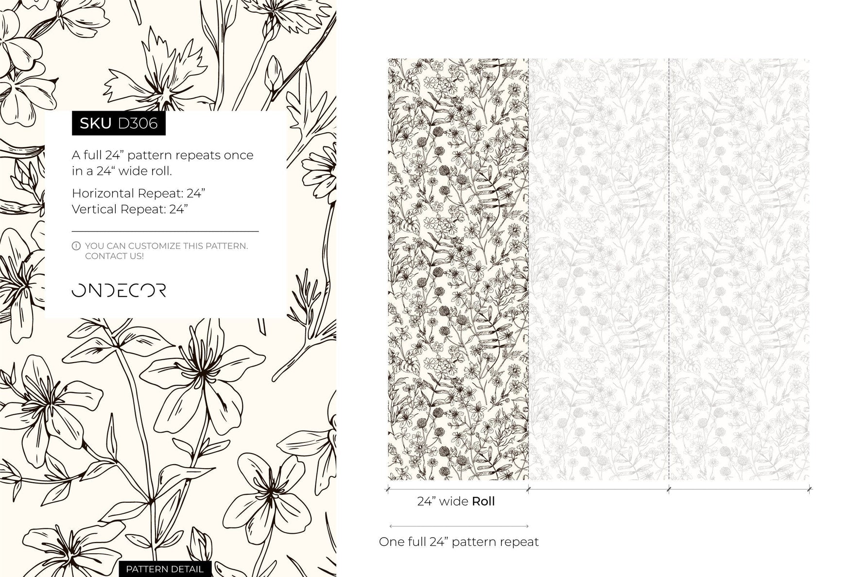 Black and White Wildflowers Wallpaper / Peel and Stick Wallpaper Removable Wallpaper Home Decor Wall Art Wall Decor Room Decor - D306