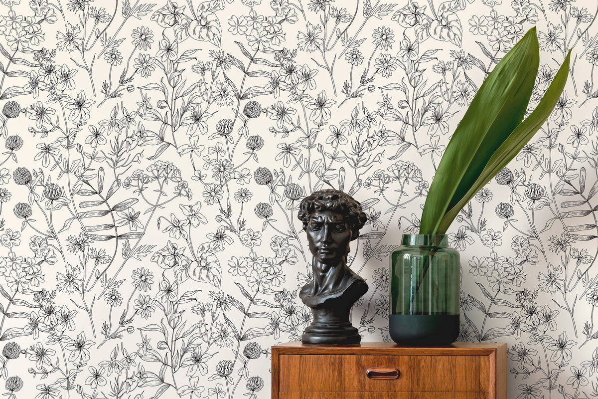 Black and White Wildflowers Wallpaper / Peel and Stick Wallpaper Removable Wallpaper Home Decor Wall Art Wall Decor Room Decor - D306