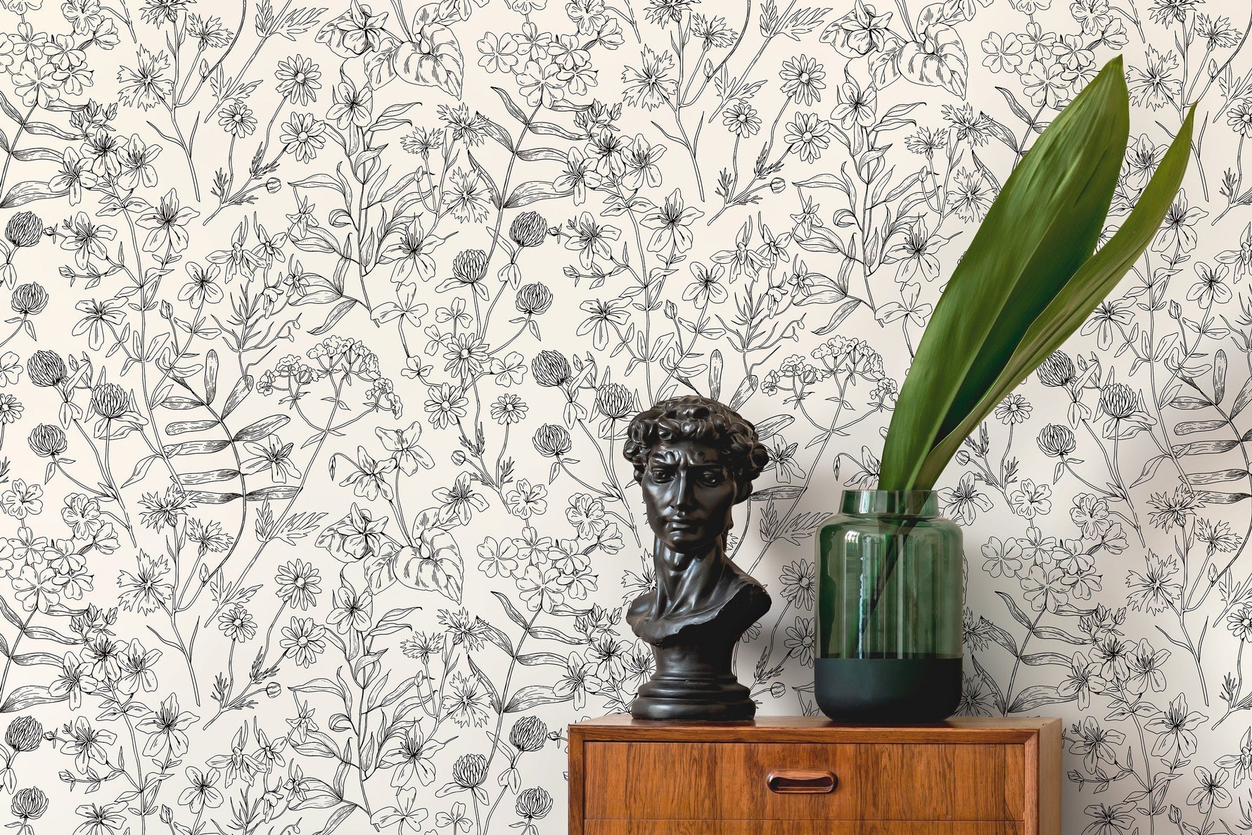 Black and White Wildflowers Wallpaper / Peel and Stick Wallpaper Removable Wallpaper Home Decor Wall Art Wall Decor Room Decor - D306
