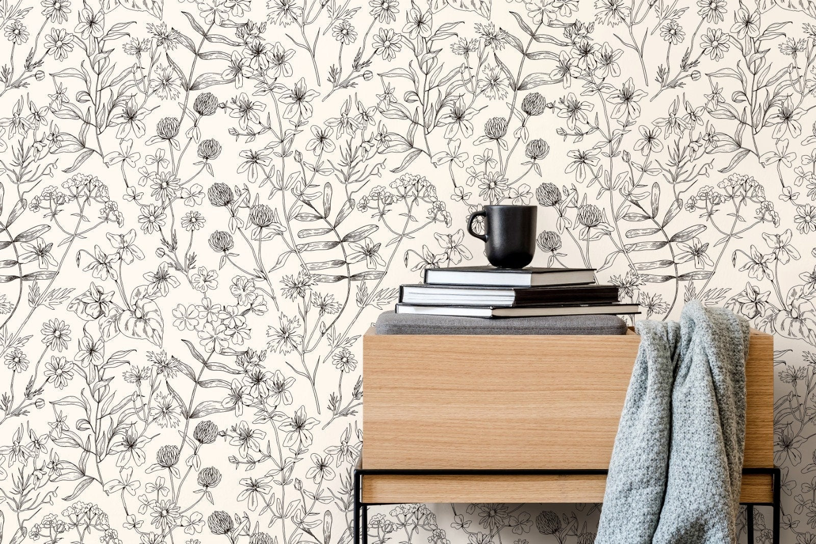 Black and White Wildflowers Wallpaper / Peel and Stick Wallpaper Removable Wallpaper Home Decor Wall Art Wall Decor Room Decor - D306